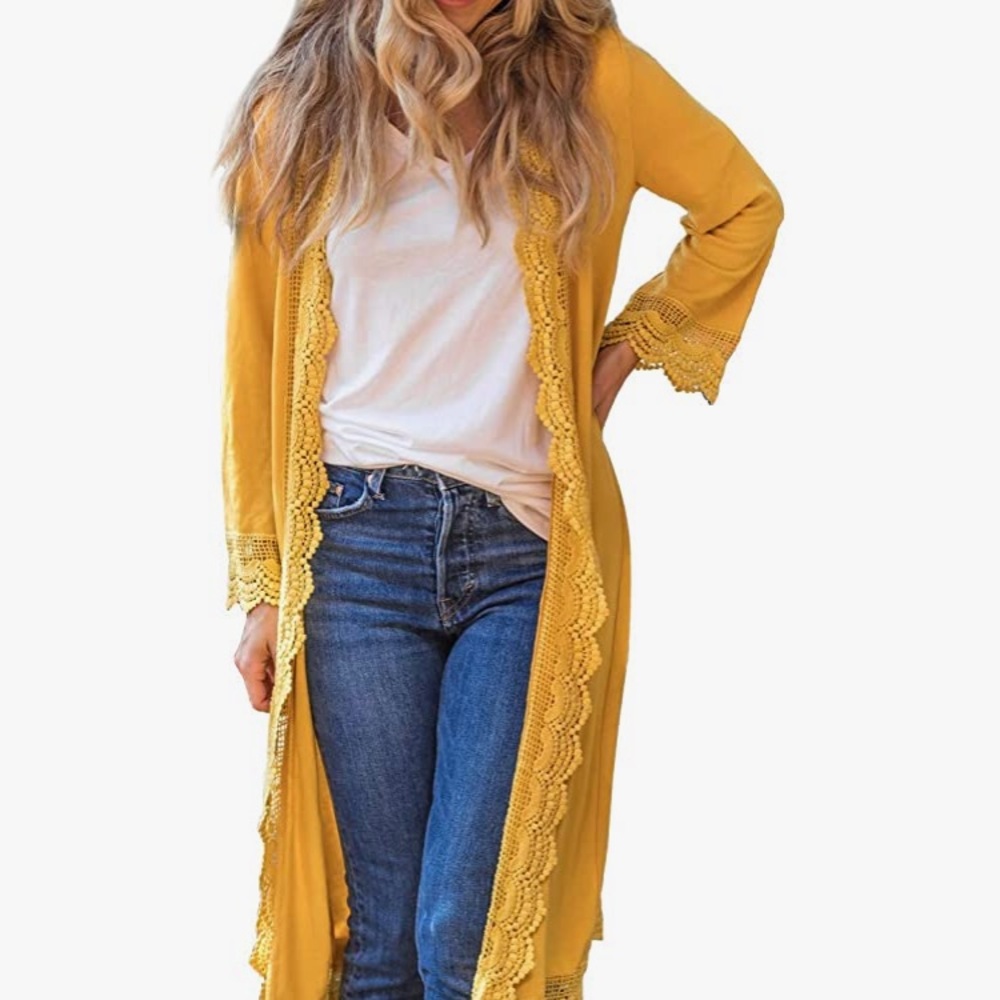 TICKLED TEAL | Mustard Yellow cardigan sweeper sweater with Lace Trim